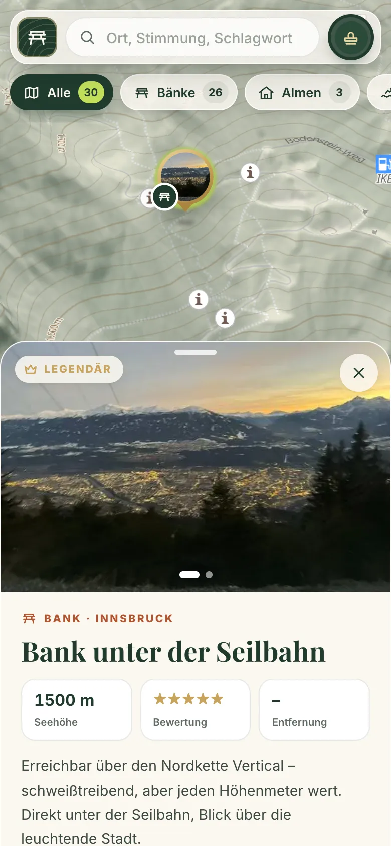 Bench Buddy: Detail „Bank unter der Seilbahn“ in Innsbruck — Seltenheit „Legendär“, 1500 m Seehöhe, fünf Sterne