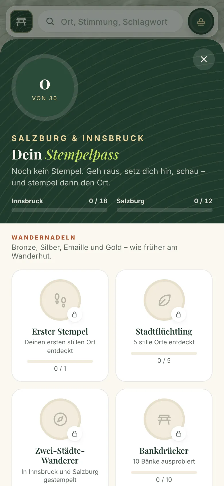Bench Buddy: Stempelpass mit Wandernadeln wie „Erster Stempel“, „Stadtflüchtling“ und „Bankdrücker“