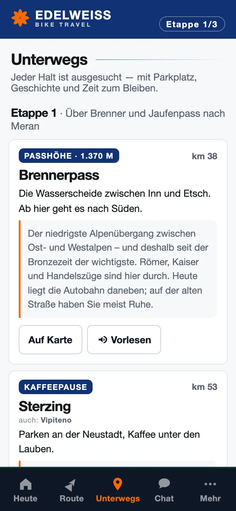 Edelweiss Navigator: Liste „Unterwegs“ mit den Stopps Brennerpass und Sterzing, Passhöhe und Vorlese-Knopf