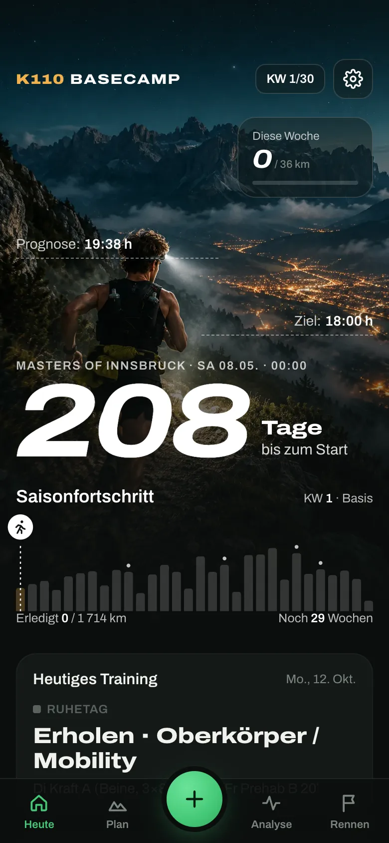 K110 Basecamp auf dem iPhone: Countdown bis zum Start, Prognose und Zielzeit über einem Nachtlauf-Bild
