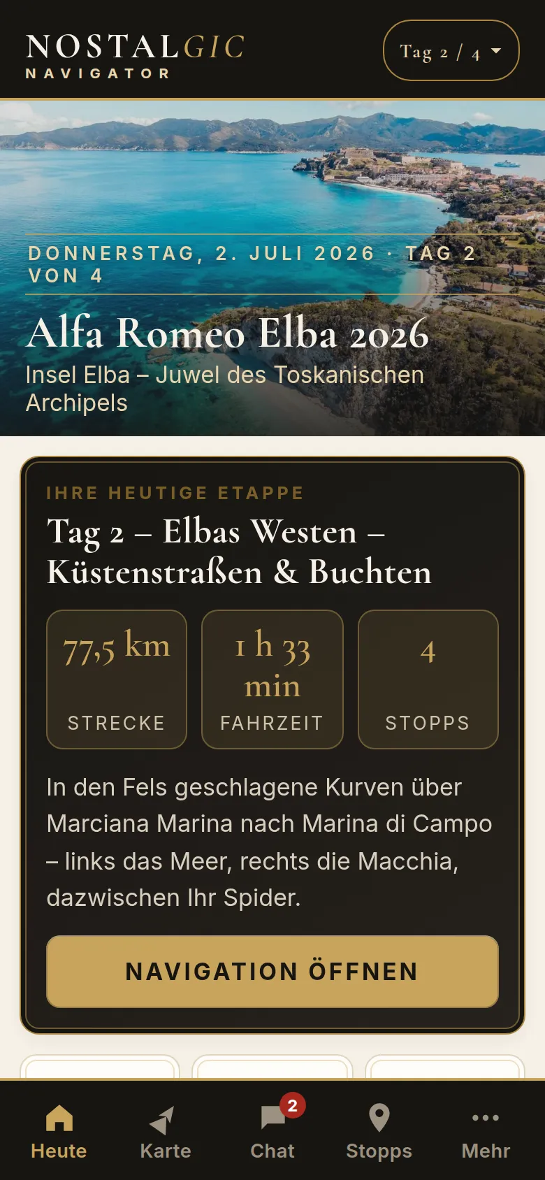 Nostalgic Navigator auf dem iPhone: Etappe „Elbas Westen“ mit 77,5 km Strecke, Fahrzeit und Stopps